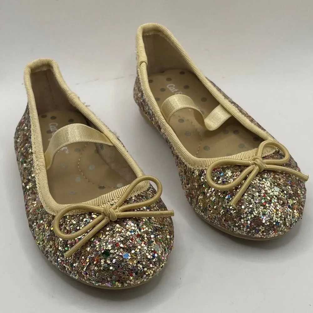 Cat & Jack Girls Size 5 Glitter Ballet Flats Gold Bow Sparkly Slip-On Dress Shoe
